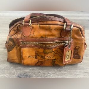 Alviero Martini Tan Map-Print Leather Toiletry Bag